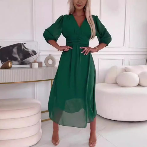 Damen Chiffon Maxi Kleid mit V-Ausschnitt, Rüschengesäß und 3/4 Ärmeln Shop Nory