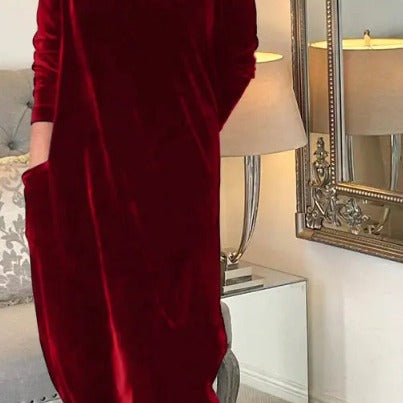 Damen Elegantes Samt Maxi Kleid mit Hohem Rollkragen, Seitentaschen und Lockere Silhouette Shop Nory
