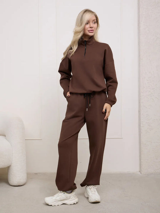 Damen weiches Lounge-Set mit halbem Reißverschluss, Kordelzughose und elastischen Bündchen Shop Nory