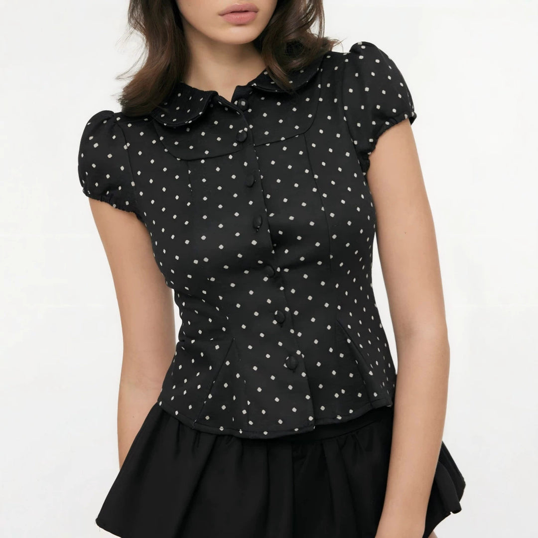 Damen Karo-Bluse mit Bubikragen, Taillierter Peplum-Silhouette und Puffärmeln Shop Nory
