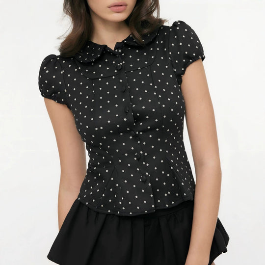 Damen Karo-Bluse mit Bubikragen, Taillierter Peplum-Silhouette und Puffärmeln Shop Nory