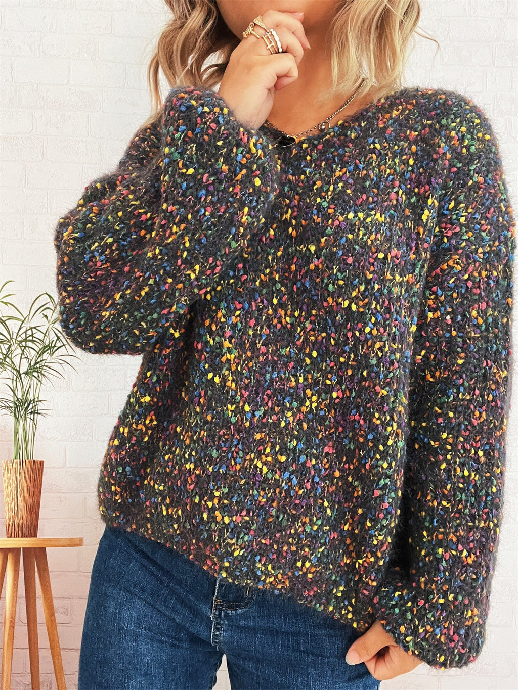 Damen komfortabler Strickpullover mit buntem Strukturmuster und weit geschnittenen Ärmeln
