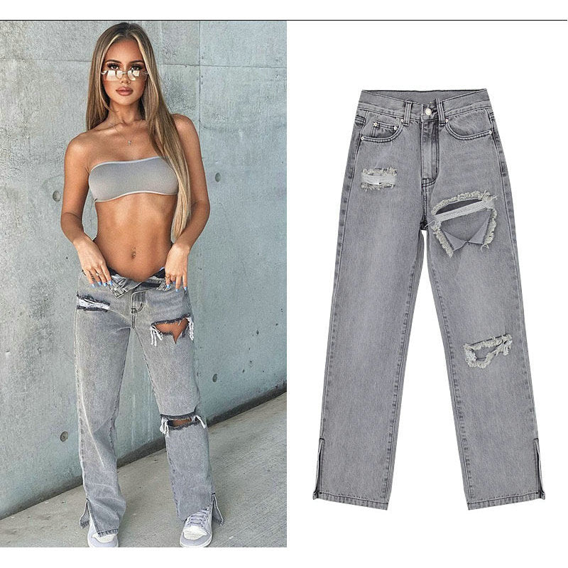 Damen lässige Ripped Jeans mit hoher Taille und modernen Fransen