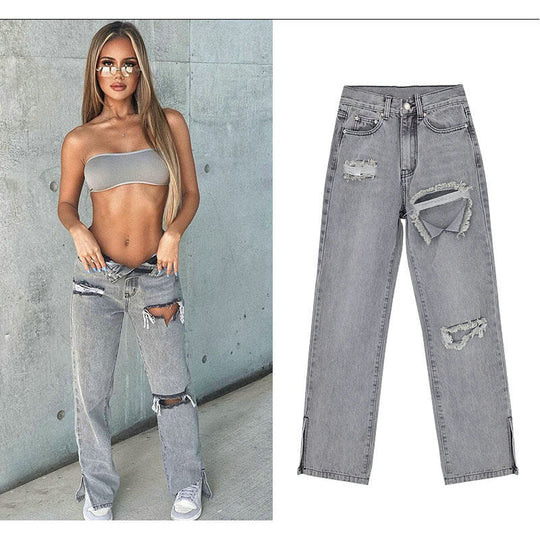 Damen lässige Ripped Jeans mit hoher Taille und modernen Fransen