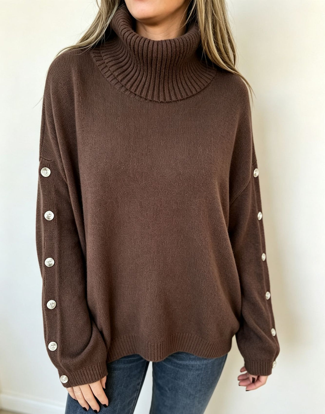 Damen Oversized Rollkragenpullover mit Ärmel-Knopfleiste Shop Nory