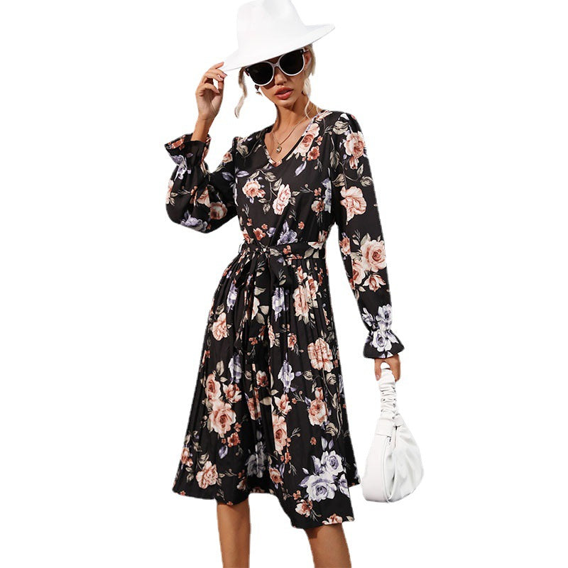 Damen Blumen-Midikleid mit V-Ausschnitt, plissiertem Rock und Taillengürtel Shop Nory