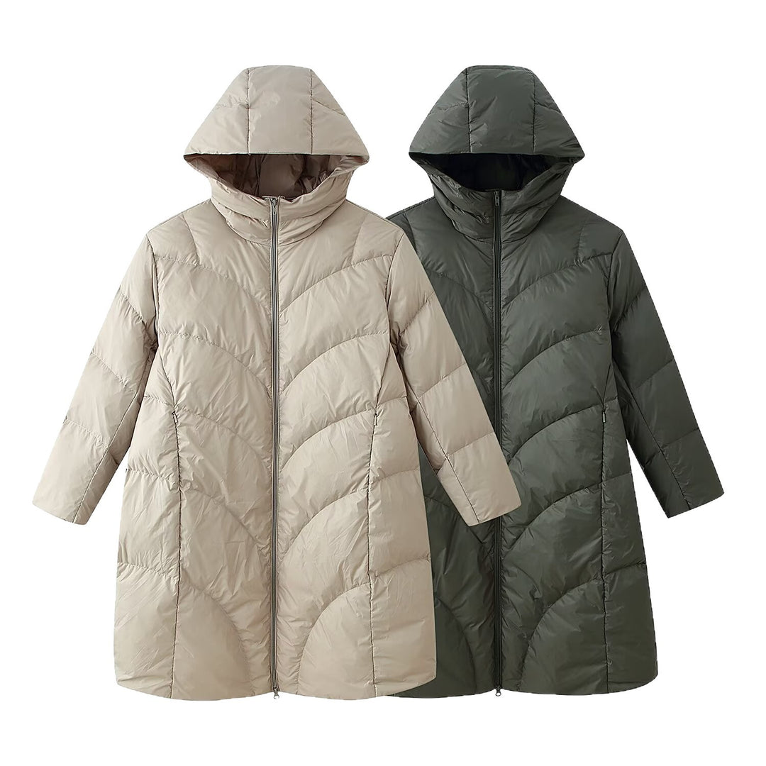 Damen langer wattierter Steppmantel mit Kapuze und doppeltem Reißverschluss Shop Nory