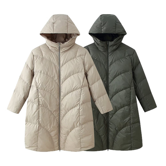 Damen langer wattierter Steppmantel mit Kapuze und doppeltem Reißverschluss Shop Nory
