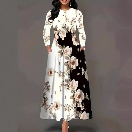 Damen Maxikleid mit floralem Allover-Print, A‑Linie, Langarm und Schlitzdetail Shop Nory