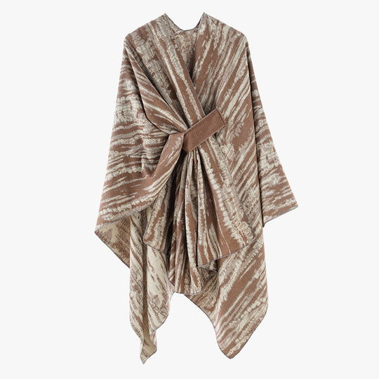 Damen Jacquard-Capeponcho mit dekorativem Bindegürtel und asymmetrischem Saum Shop Nory
