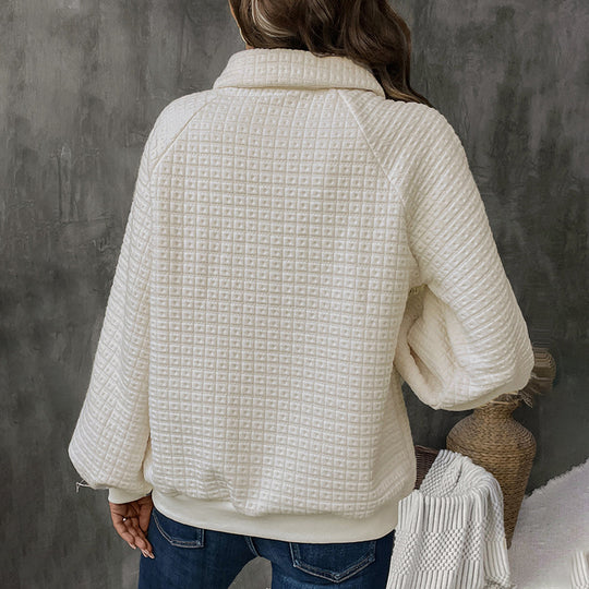 Damen Strukturpullover mit Polokragen, Knopfleiste und Karomuster Shop Nory