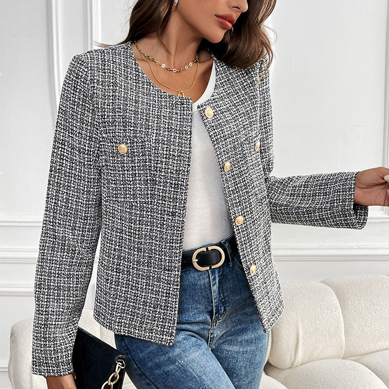 Damen Bouclé-Tweed-Blazer mit Rundhalsausschnitt, goldenen Zierknöpfen und kastiger Silhouette Shop Nory