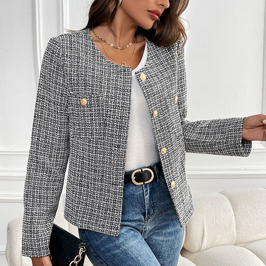 Damen Bouclé-Tweed-Blazer mit Rundhalsausschnitt, goldenen Zierknöpfen und kastiger Silhouette Shop Nory