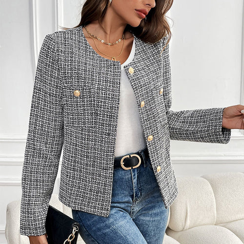 Damen Bouclé-Tweed-Blazer mit Rundhalsausschnitt, goldenen Zierknöpfen und kastiger Silhouette Shop Nory