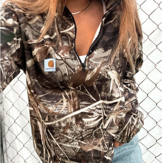 Damen Camouflage Halblang-Reißverschluss Fleece-Sweatshirt mit Kapuze und Kängurutasche Shop Nory