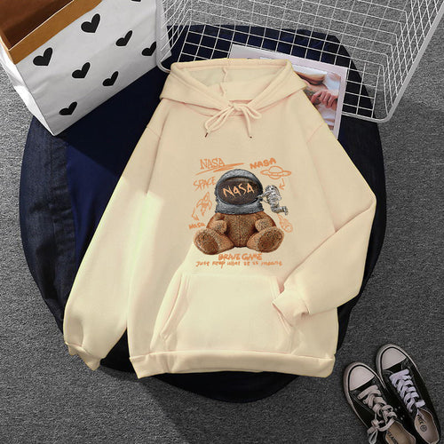 Damen nan lässiger Hoodie mit Astronauten‑Teddy‑Print, Kängurutasche und weichem Fleece-Innenfutter Shop Nory