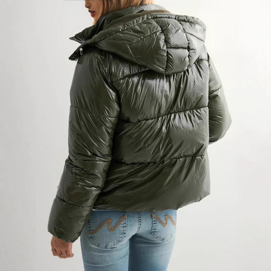 Damen Modische Hochglanz-Steppjacke mit Kapuze