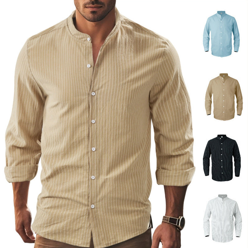 Herren nan gestreiftes Hemd mit Stehkragen, langer Arm und leichter Baumwoll-Leinen-Mix Shop Nory