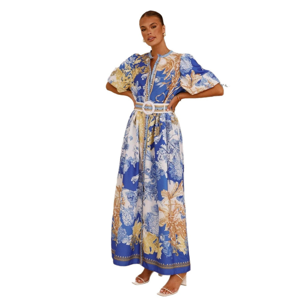 Damen Maxikleid mit floralem Knopfleisten-Design und tailliertem Gürtel