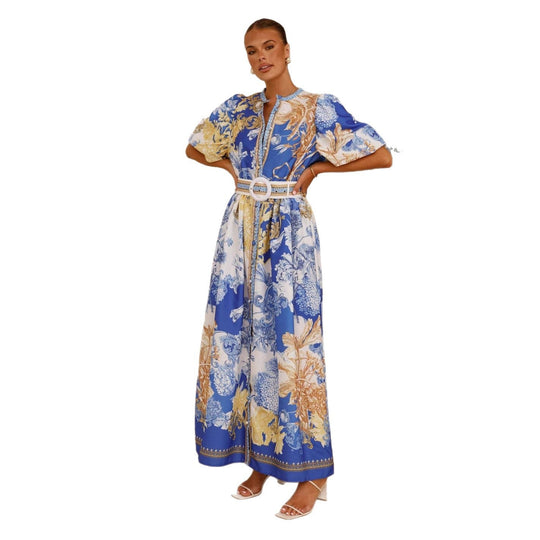 Damen Maxikleid mit floralem Knopfleisten-Design und tailliertem Gürtel
