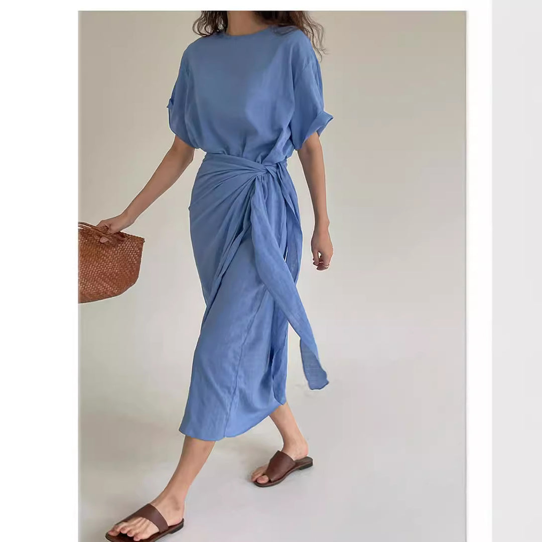 Damen Midi-Kleid mit seitlicher Knotendrapierung, überschnittener Kurzarm und gerader Silhouette Shop Nory