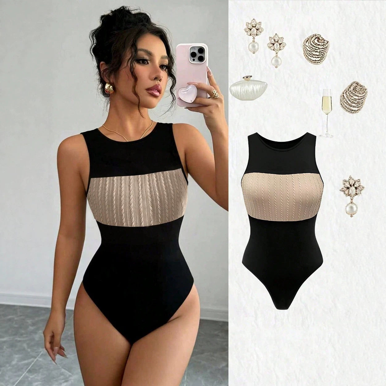 Damen Hochgeschnittener Badeanzug mit elegantem, rippierten Oberteil