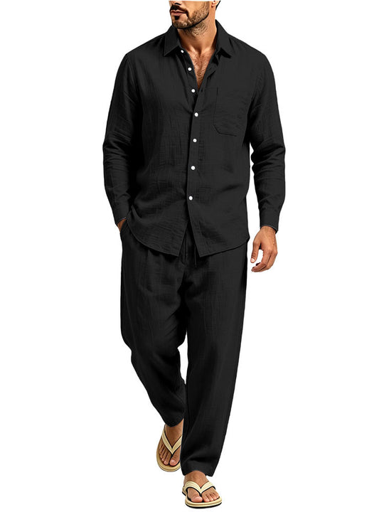 Herren Lässiges Zweiteiliges Freizeitset in Leinenoptik mit Knopfhemd und weiter Bundhose Shop Nory