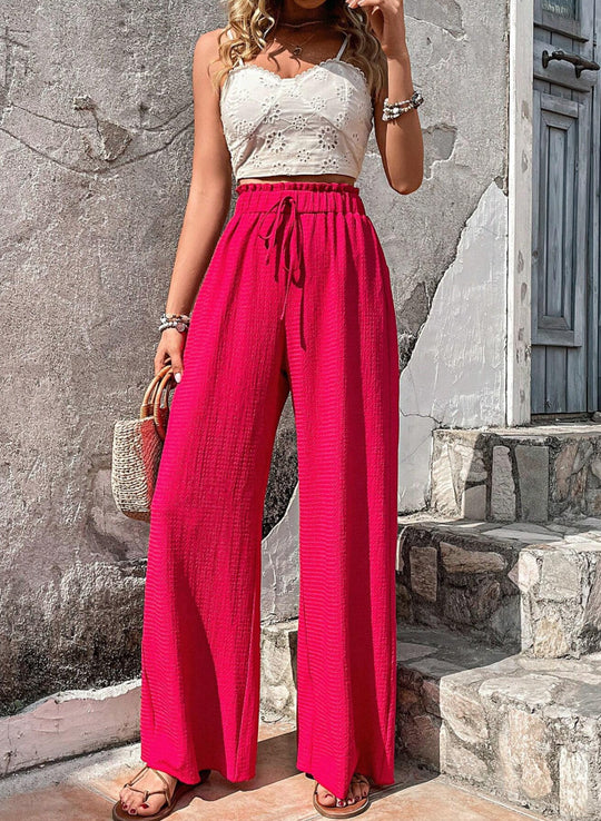Damen Leichte Palazzo-Loungehose mit strukturierter Crinkle-Optik, hohem Gummibund und Kordelzug Shop Nory
