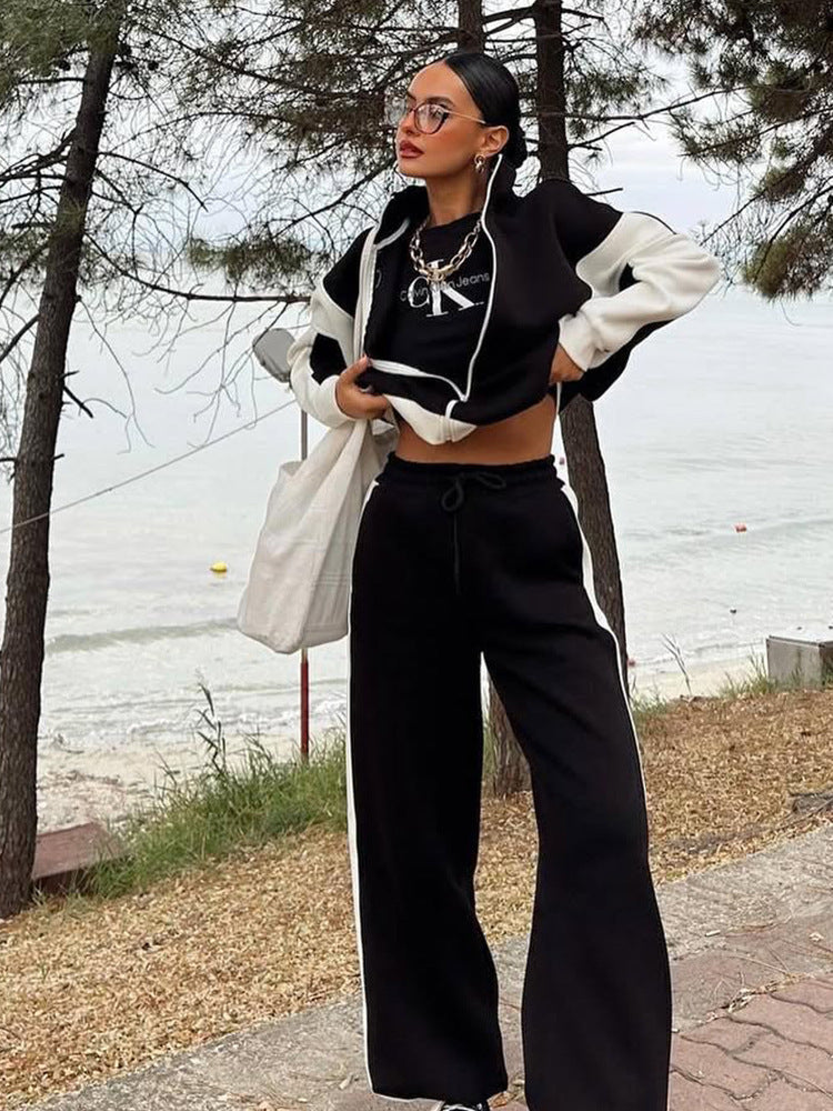 Damen sportliches Set mit hochgeschlossenem Kragen und weitem Hosenbein Shopnory