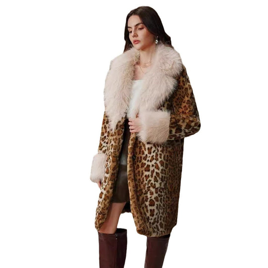 Damen Midilanger Kunstpelzmantel mit kontrastierendem Hochflor‑Schalkragen und Leopardenprint Shop Nory