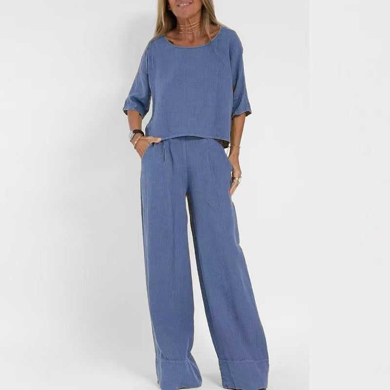 Damen luftiges Leinen-Ensemble mit weitem Schnitt und praktischen Taschen