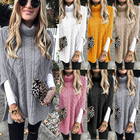Damen Strickponcho mit hohem Kragen und aufwendigem Zopfmuster