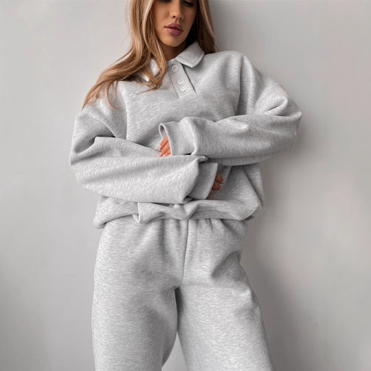 Damen Casual-Set aus schwerem French-Terry mit Polokragen-Cropped-Sweater und weitem High-Waist-Sweathose Shop Nory