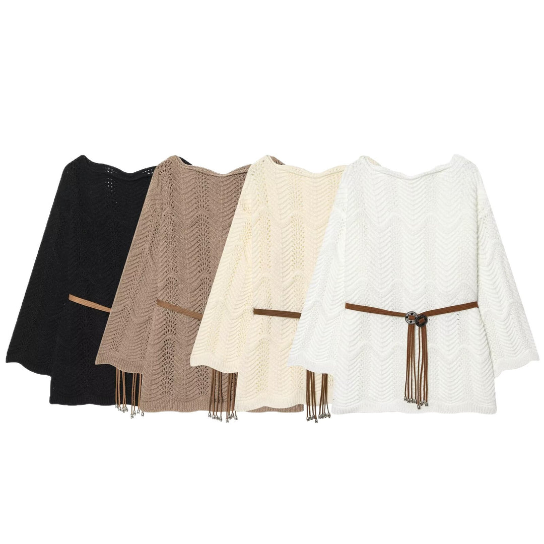 Damen Strickponcho mit Zickzack‑Ajourmuster und Taillengürtel Shop Nory