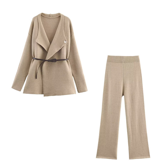 Damen Zweiteiliges Feinstrick-Set mit Schalkragen-Cardigan und High‑Waist Weitbein‑Hose Shop Nory