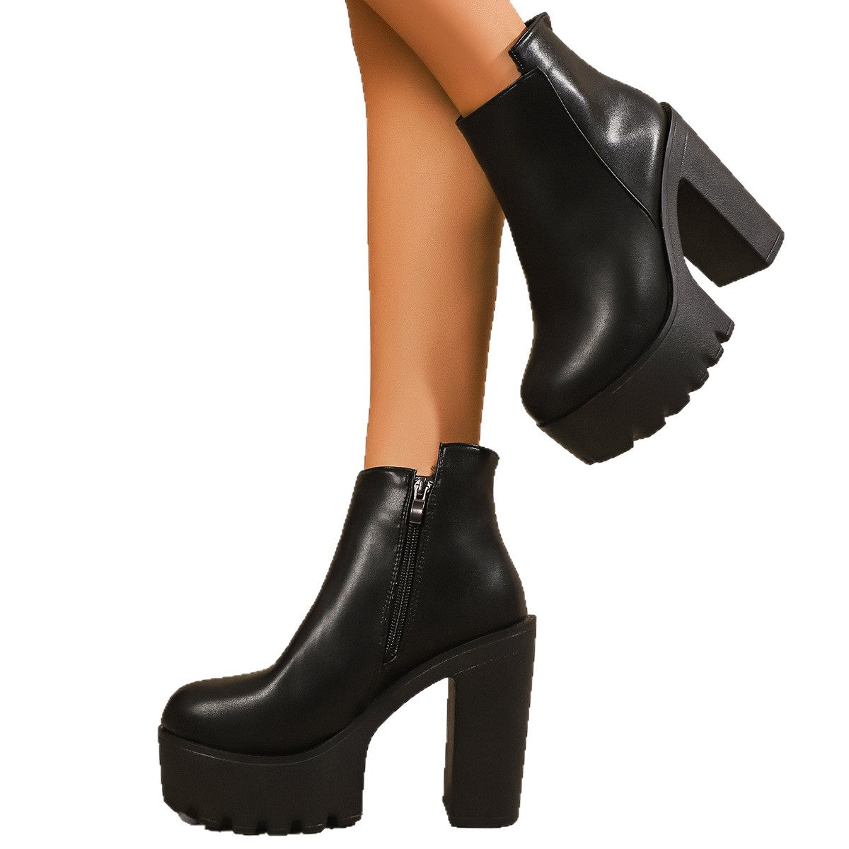 Damen Modische Plateau Stiefeletten mit markantem Blockabsatz und Reißverschluss