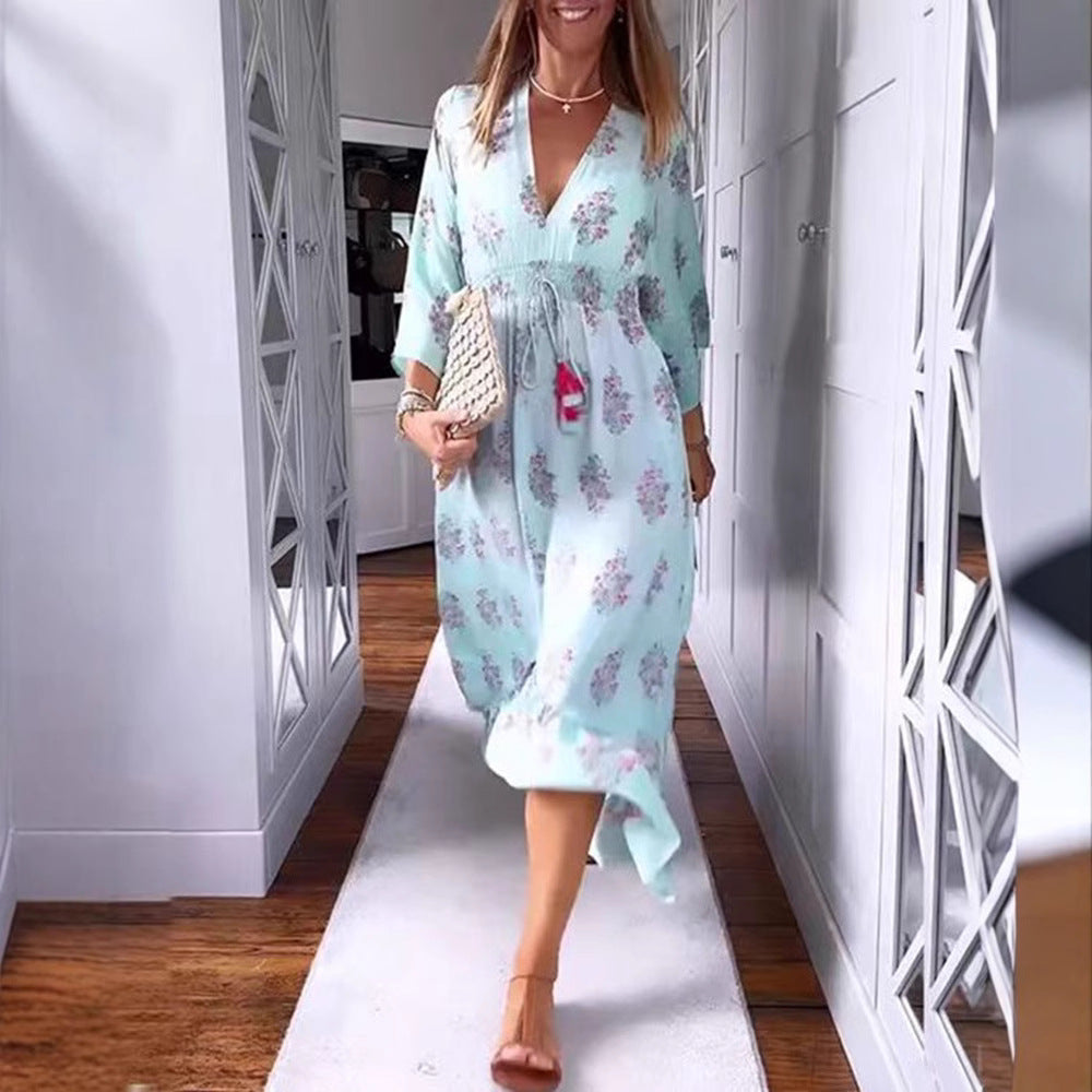 Damen nan luftig-fließendes Boho-Midikleid mit V-Ausschnitt, geraffter Smock-Taille, Kordelzug mit Quasten und asymmetrischem Volant-Saum