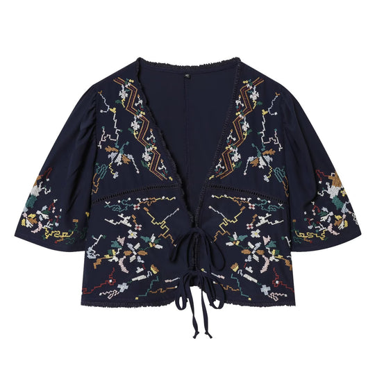 Damen Bestickte Kimono‑Bluse mit Bindebändern und Zierhäkelkante Shop Nory