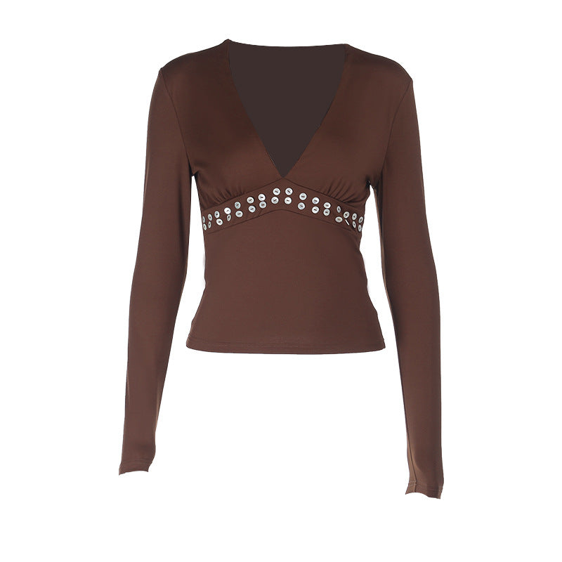 Damen tailliertes Langarm-Cropped-Top mit tiefem V-Ausschnitt und Nietenbesatz Shop Nory