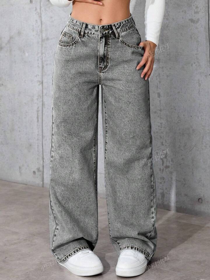 Damen Weit geschnittene Jeans mit kräftigen Kontrastnähten und verspielt gestickten Taschen