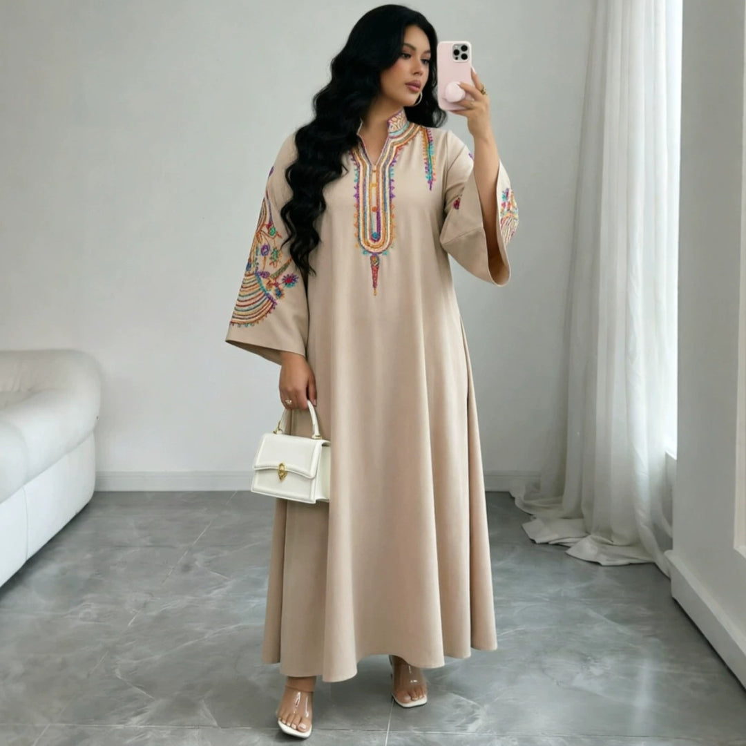 Damen Besticktes Maxikleid im Kaftan-Stil mit Stehkragen und Glockenärmeln Shop Nory