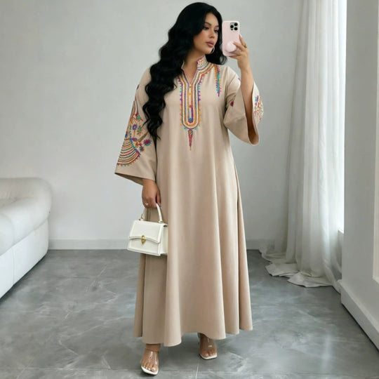Damen Besticktes Maxikleid im Kaftan-Stil mit Stehkragen und Glockenärmeln Shop Nory
