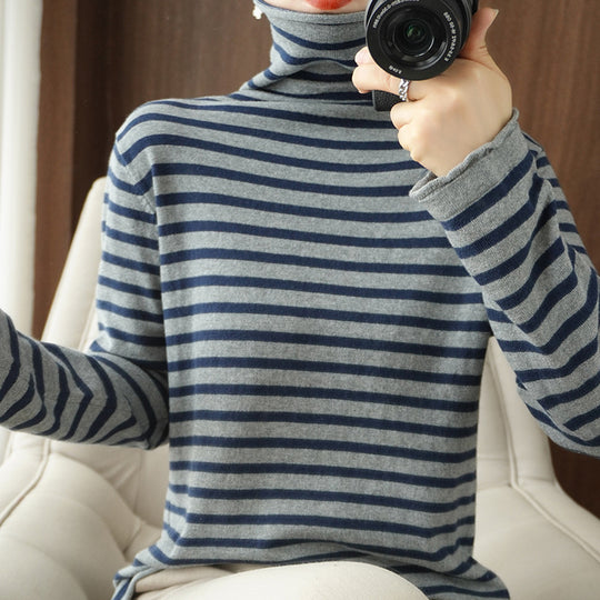 Damen Maritimer Feinstrick-Turtleneck mit feinem Streifenmuster und schlanker Passform Shop Nory