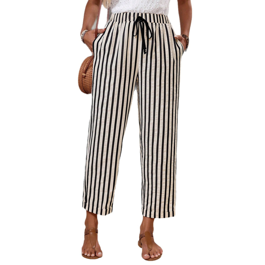 Damen Leichte hochtaillierte Streifen-Hose mit Elastikbund, Kordelzug und Seitentaschen Shop Nory