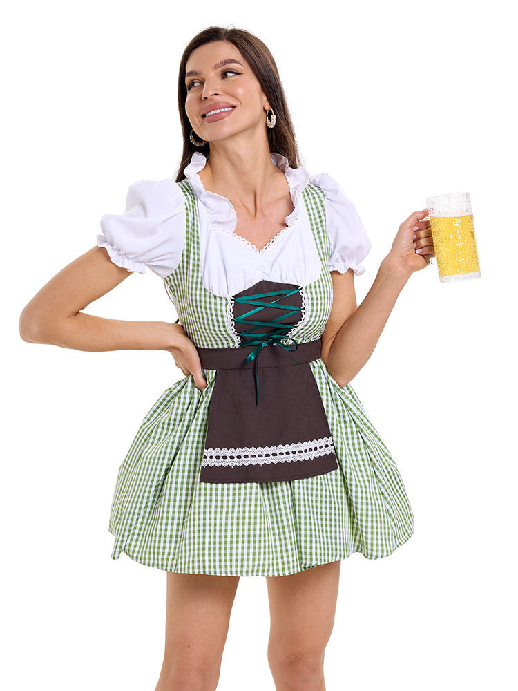 Damen nan kurzes kariertes Trachten Dirndl mit Schnürung Puffärmel und Schürze Shop Nory