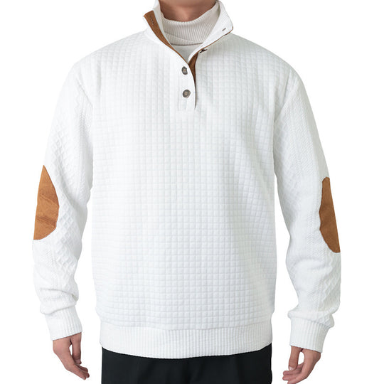 Herren Waffelstrick-Halbzip-Pullover mit Stehkragen Lederbesatz und Ellbogenpatches Shop Nory