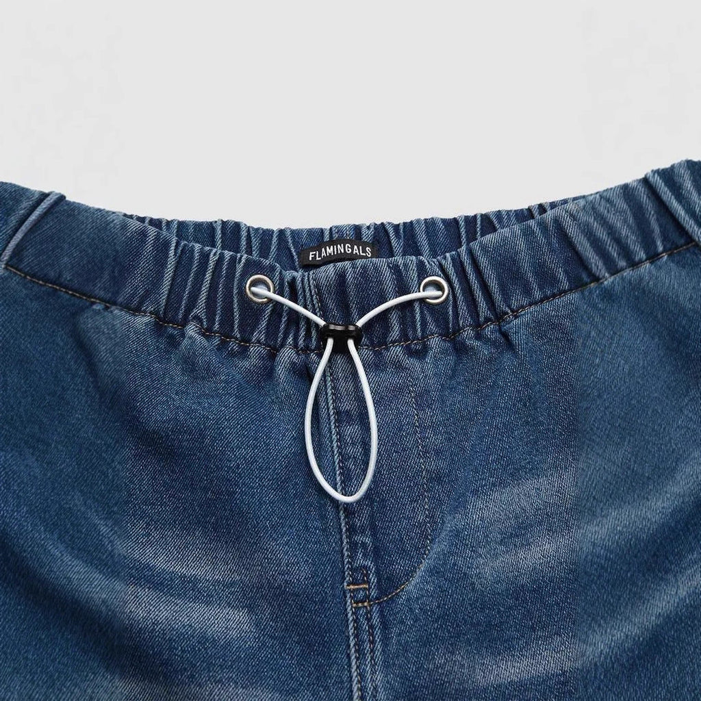 Damen Weite Denim-Hose mit elastischem Bund und hohen Taschen