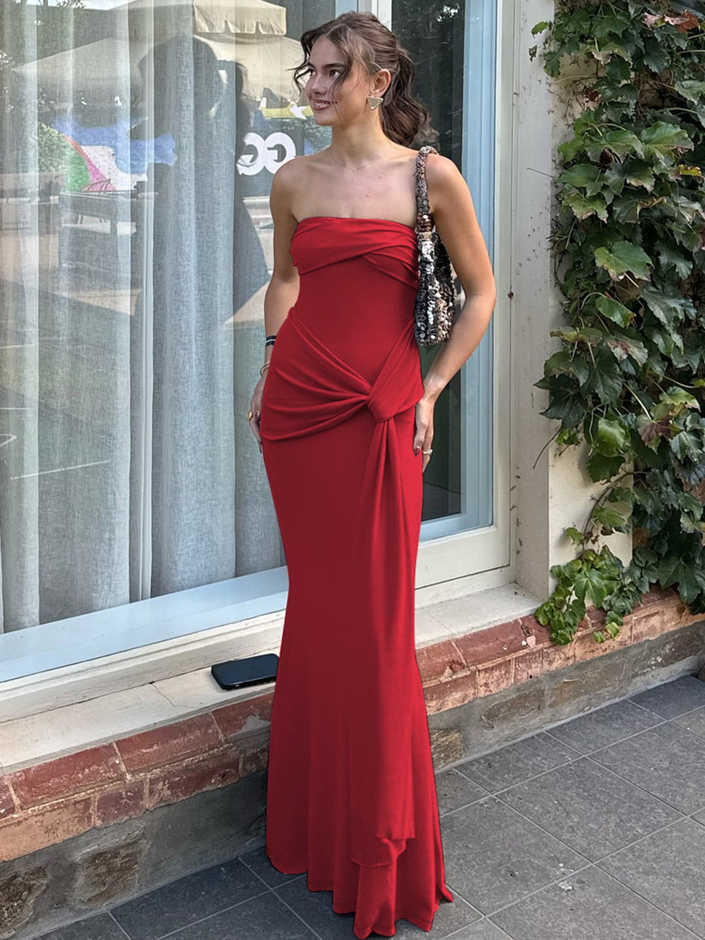Damen Strapless Maxikleid mit raffiniertem Wickeldesign