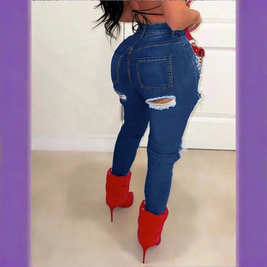 Damen hochtaillierte Skinny-Jeans mit XXL-Knieausschnitten, stark zerrissener Used-Optik und sculptendem Schnitt Shop Nory