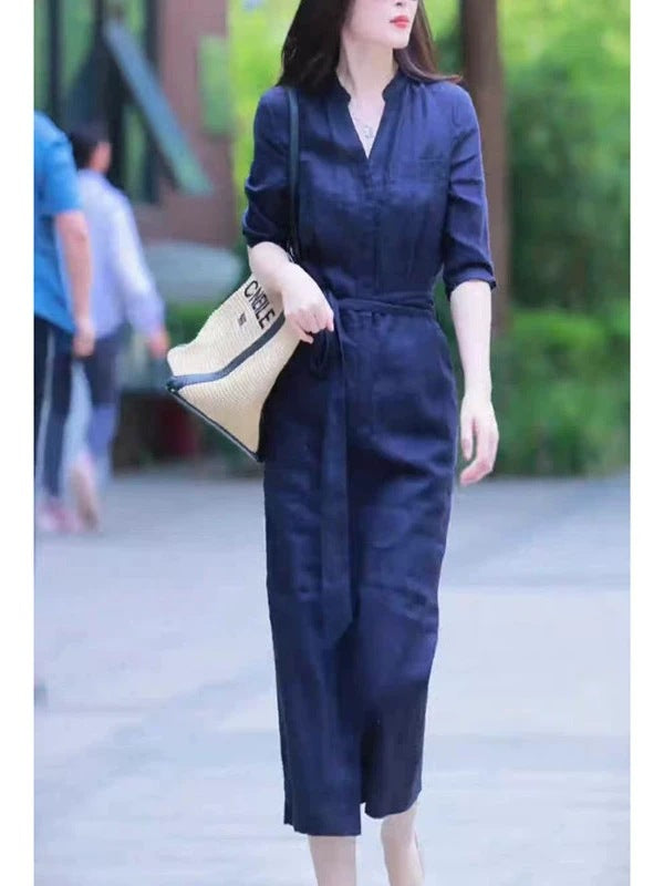 Damen Leinen-Overall mit tailliertem Bindegürtel und 3/4-Ärmeln Shop Nory